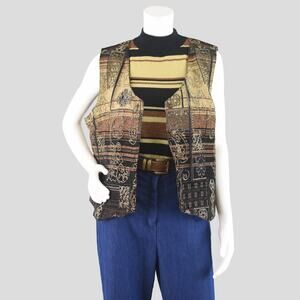 80s Tapestry Vest, Vintage Woven Waistcoat, Women's Petite Large